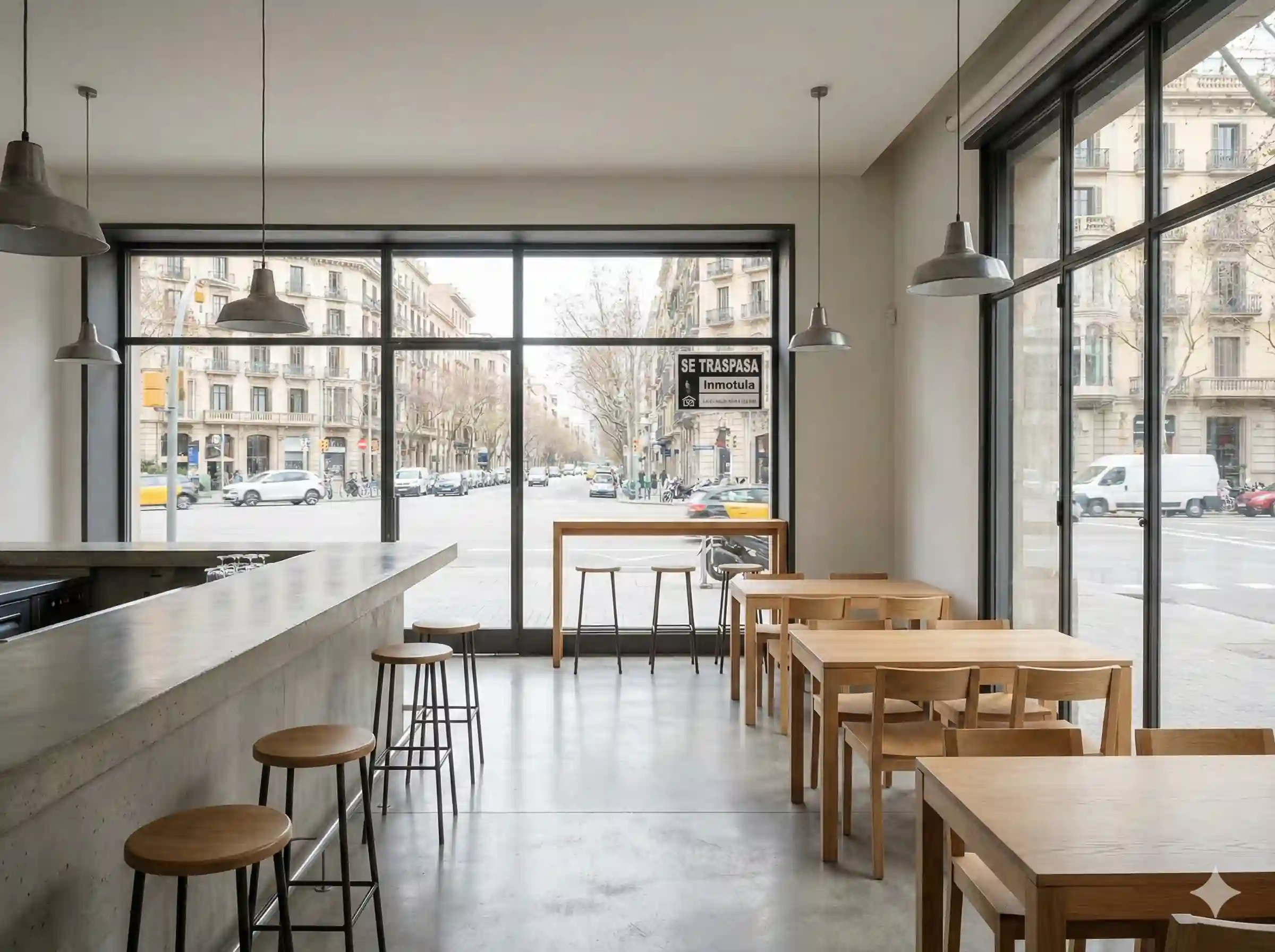Interior realista y de diseño minimalista de un bar cafetería situado en la calle Aragó, Barcelona, disponible para traspaso por Inmotula.