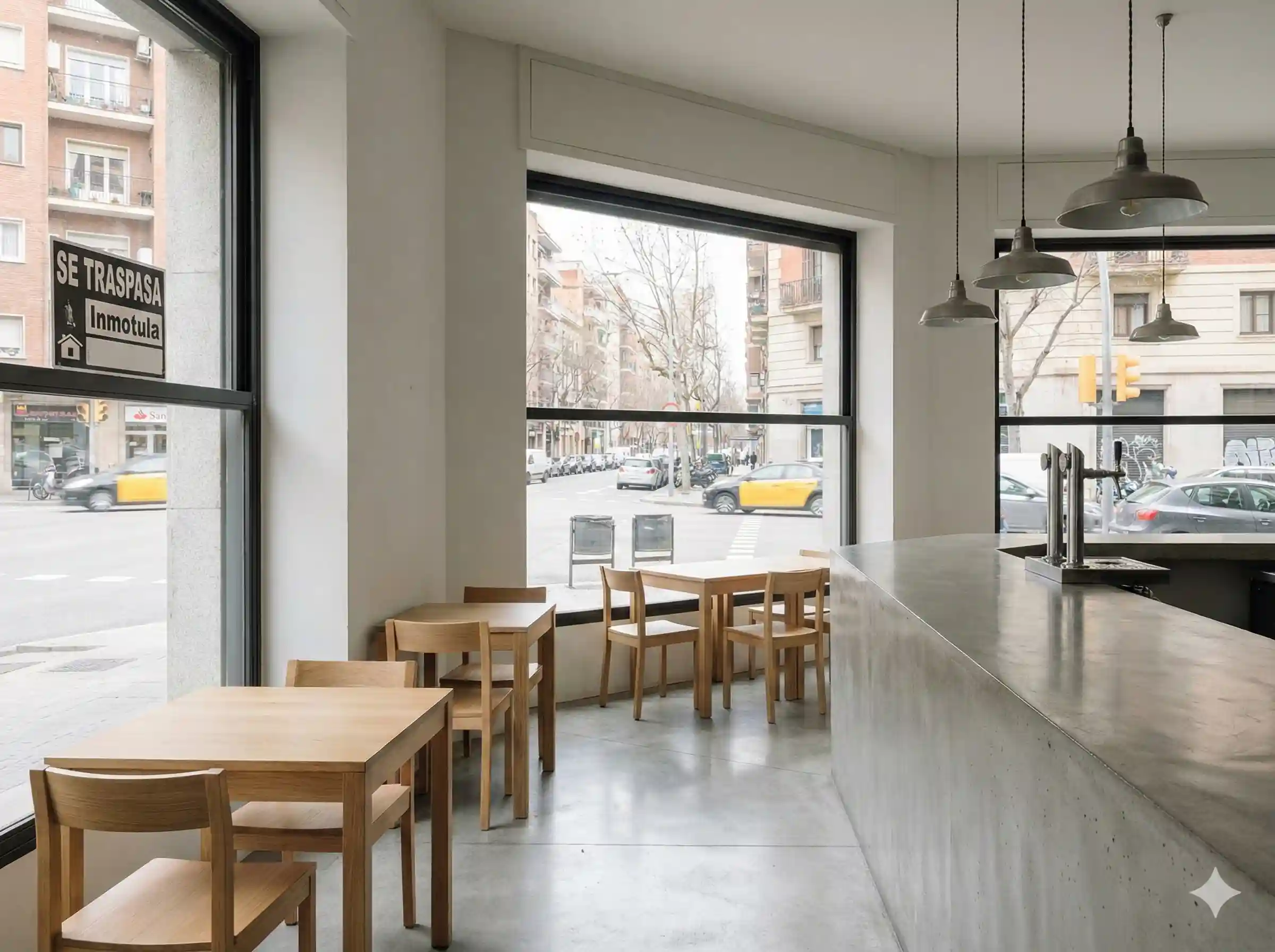 diseño del interior de una cafetería bar acristalada y con mesas de madera situada en la calle Lesseps, Barcelona, disponible para traspaso por Inmotula