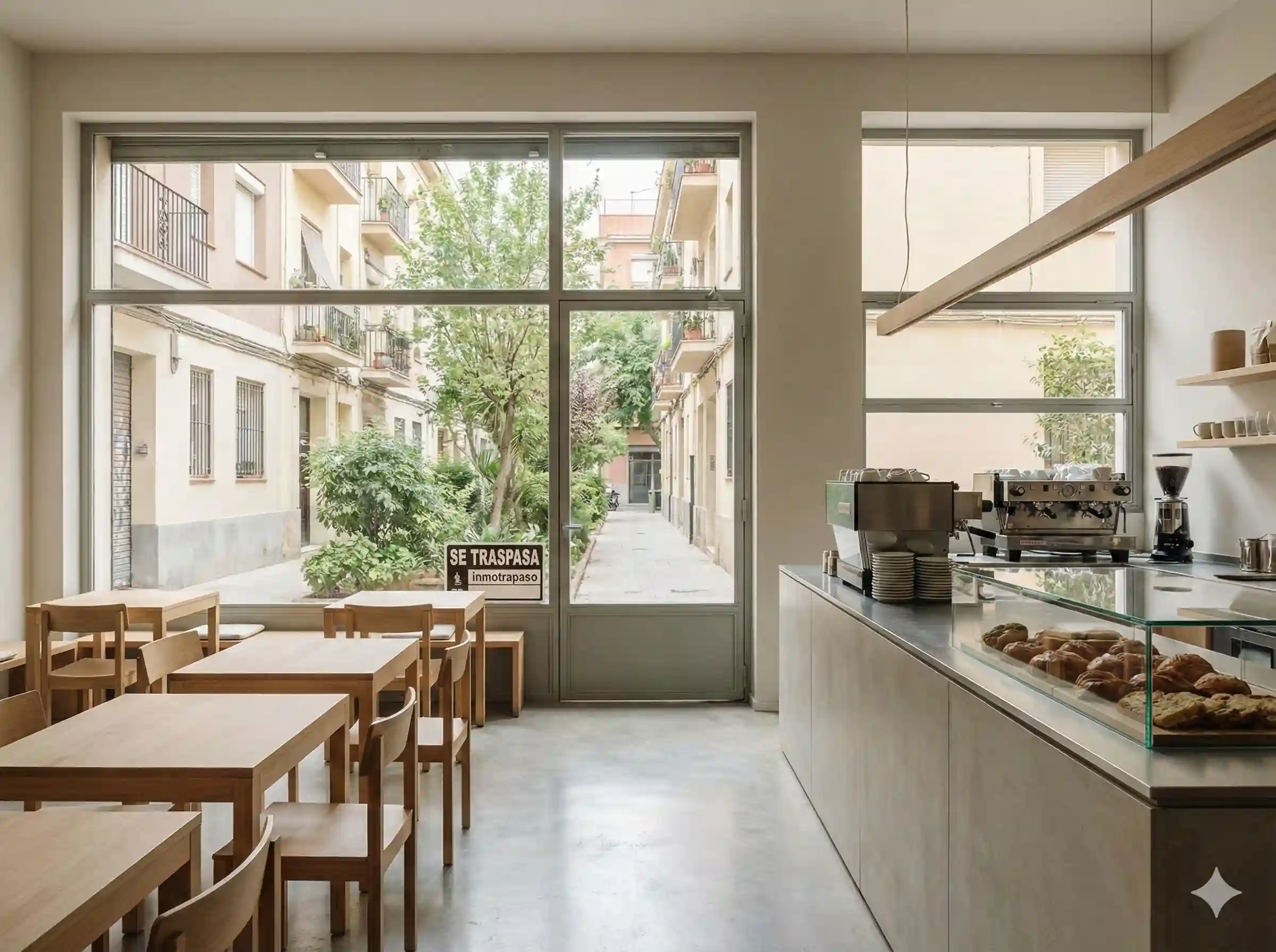 Cafetería, Brunch se Traspasa en Pasaje Sant Gervasi – inmotula. Interior realista y de diseño minimalista de una cafetería estilo brunch situada en el Pasaje Sant Gervasi, disponible para traspaso por inmotula..