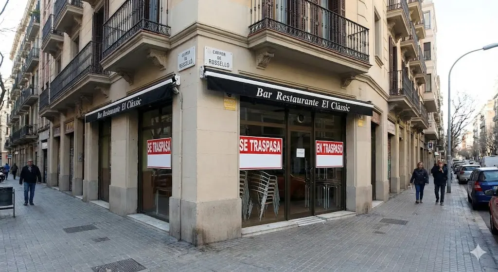 Restaurante, Bar se Traspasa en Carrer Rosselló -Inmotula Fachada esquina de un restaurante bar situado en el Carrer Rosselló, disponible para traspaso por Inmotula.