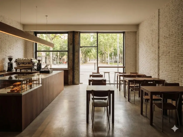 Interior realista, luminoso y minimalista de una cafetería y local de brunch disponible para traspaso en la Calle Diagonal.