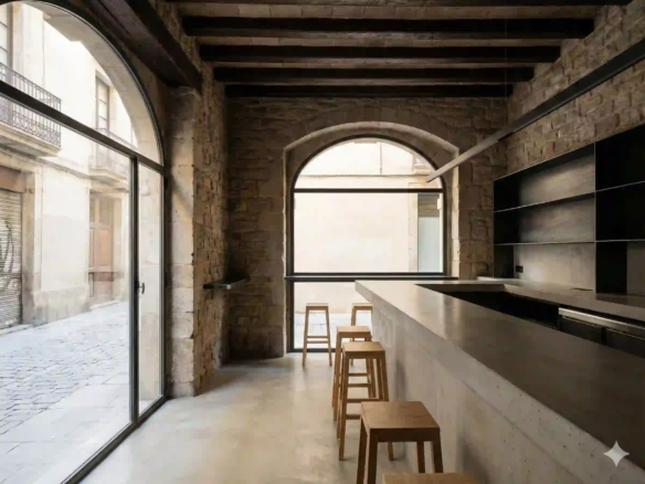 Interior de un bar realista y de diseño minimalista con sutiles toques históricos, situado en el Barrio Gótico, disponible para traspaso por Inmotula.