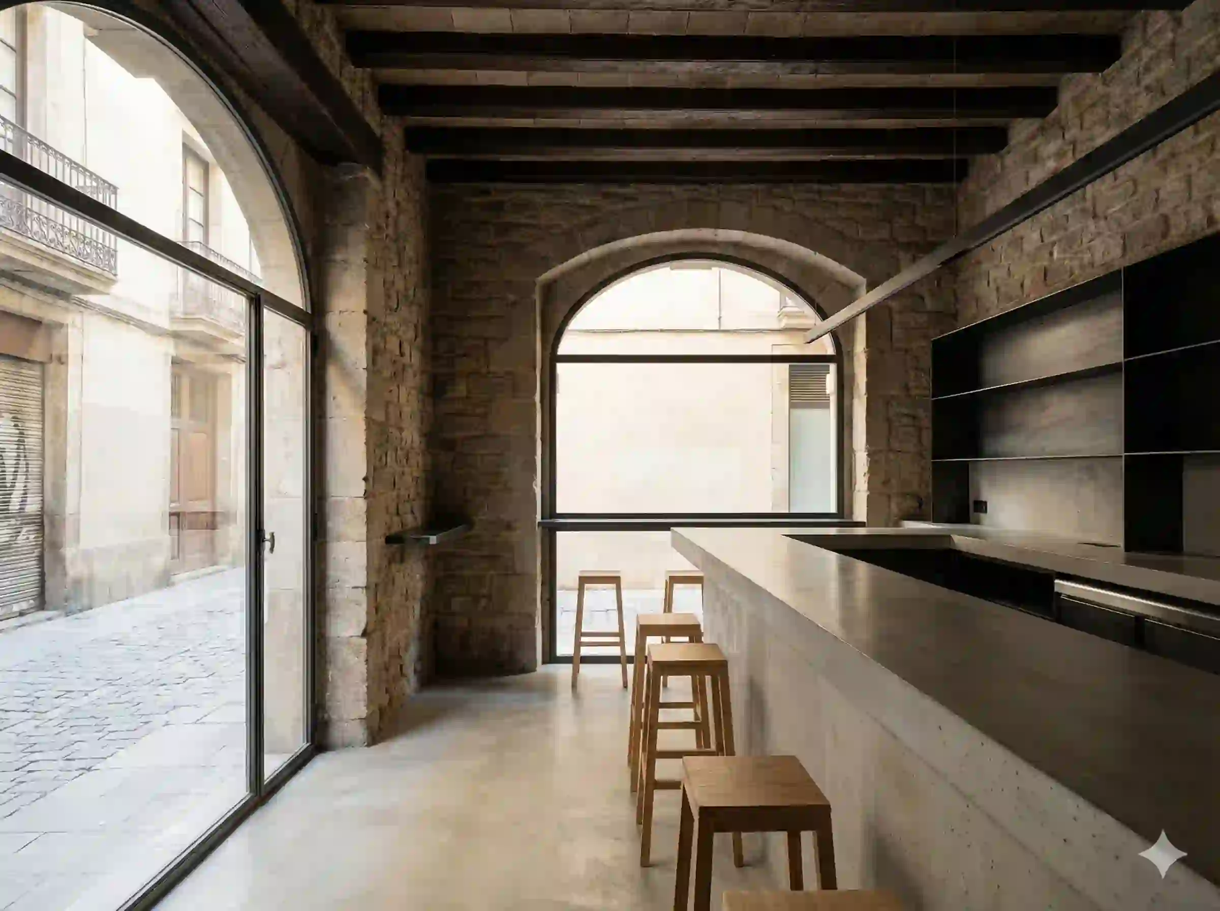 Bar en Traspaso en El Gòtic -Inmotula Interior de un bar realista y de diseño minimalista con sutiles toques históricos, situado en el Barrio Gótico, disponible para traspaso por Inmotula.