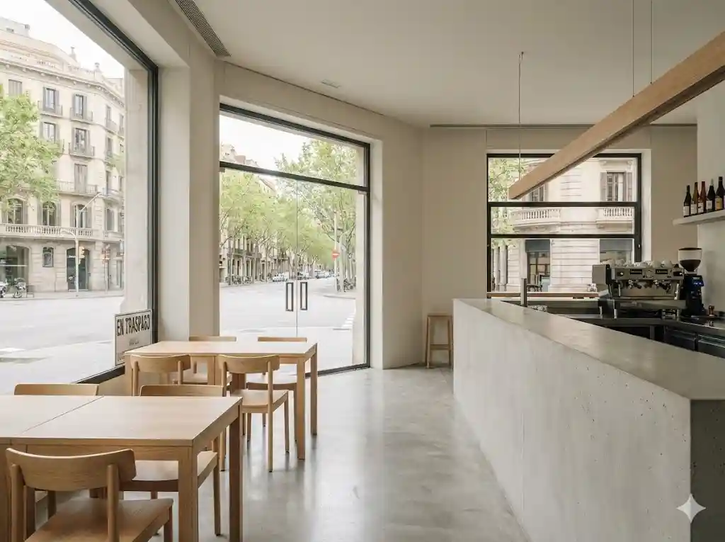Interior realista y de diseño minimalista de una cafetería bar situada en la Calle de Provenza, disponible para traspaso por inmotrapaso.
