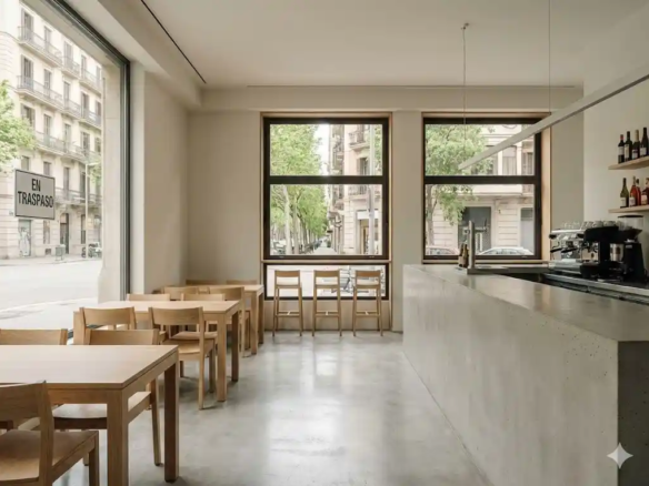 Interior realista y de diseño minimalista de una cafetería bar situada en la Calle de Santaló, disponible para traspaso por inmotrapaso.