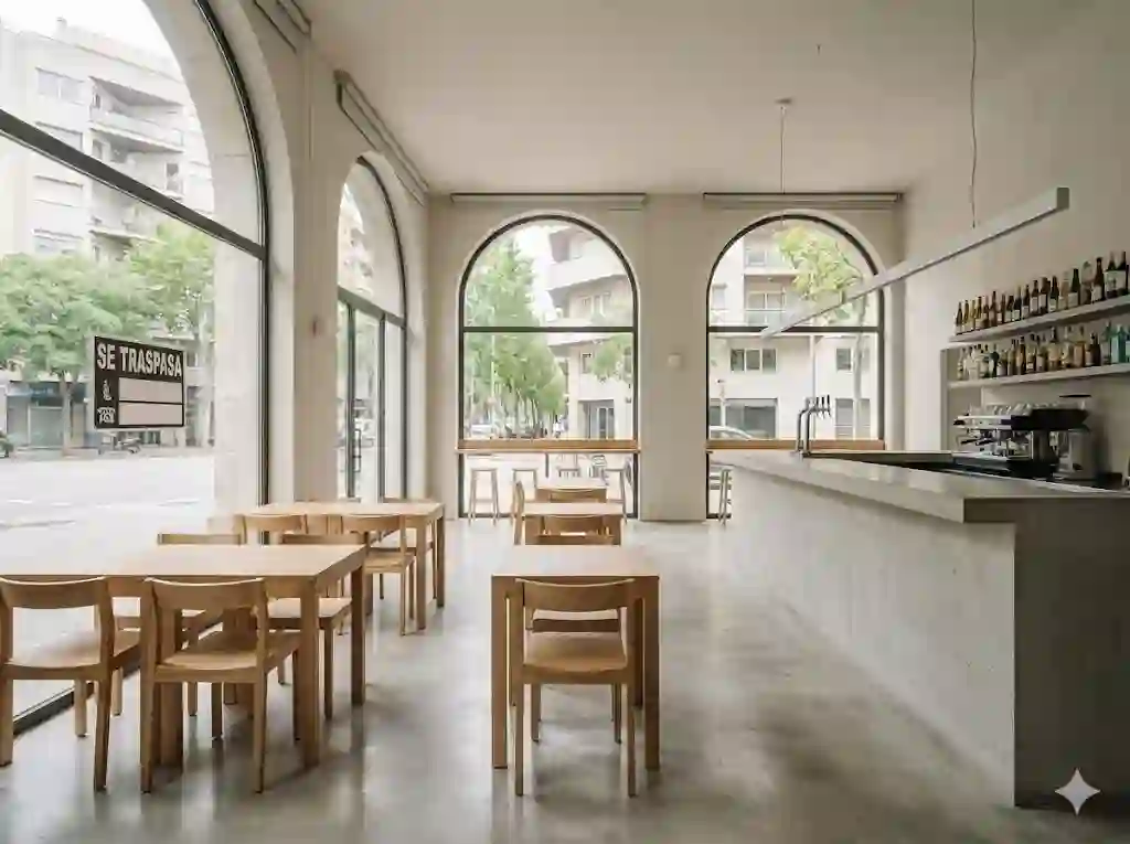 Interior realista y de diseño minimalista de una cafetería restaurante situada en la Calle de Roger de Llúria, disponible para traspaso por inmotrapaso.