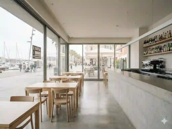 Interior realista y de diseño minimalista de un restaurante bar situado en la Calle Joan de Borbó, cerca del puerto, disponible para traspaso por inmotrapaso.