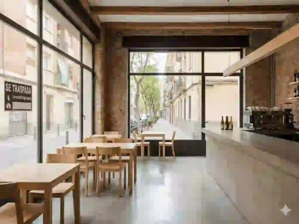 nterior realista y de diseño minimalista de un restaurante bar situado en el barrio de Vila de Gràcia, disponible para traspaso por inmotrapaso.