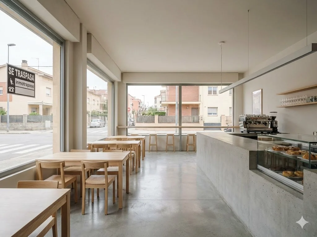 Interior realista y de diseño minimalista de un restaurante cafetería situado en la Calle de Vallhonrat, disponible para traspaso por inmotrapaso.