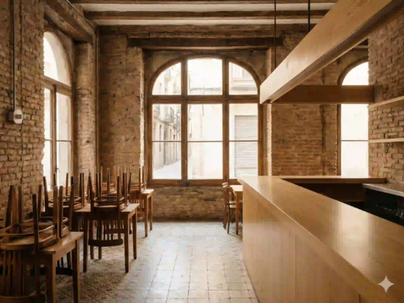 Interior de un restaurante realista y minimalista con paredes de ladrillo visto y luz natural, disponible para traspaso en el barrio de El Raval por Inmotula.
