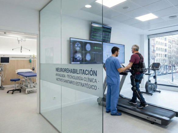Interior realista y de diseño minimalista de una clínica de rehabilitación neurológica situada en Sarrià, equipada y disponible para traspaso por inmotrapaso.